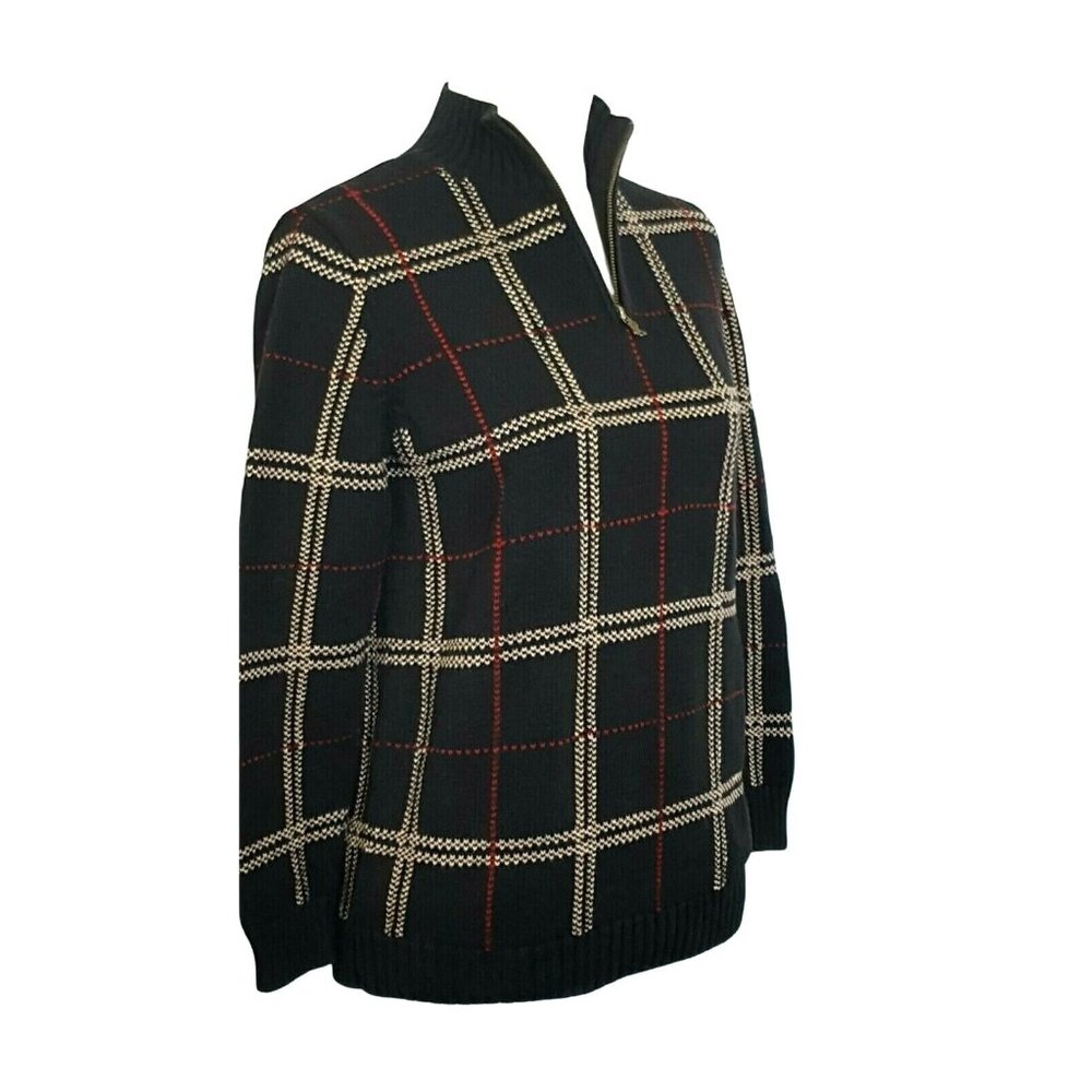 Vintage Lauren Ralph Lauren Womens Sweater Petite Quarter Zip Black Plaid Heavy